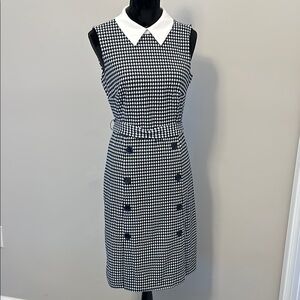 Navy Blue and White Houndstooth Dress with White Collar